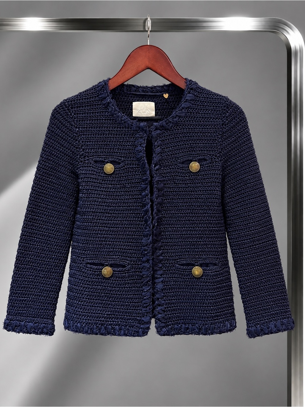 Rebecca Taylor Navy Crochet Knit Jacket Fringe Trim Brass Button Pockets XS